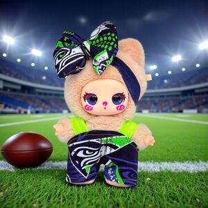 Seattle Football Cute Jumpsuit Outfit for A Plush Doll with Bow and Overalls